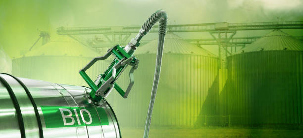 Productos biofuel filling station on the background of silos. bio fuel concept